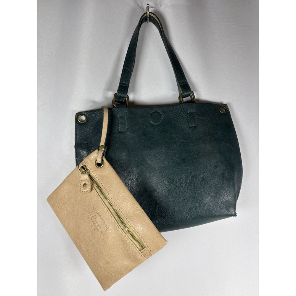 GH Bass & Co Women's Green/Beige Fuax Leather Tote Bag w/Pouch Purse /Reversible